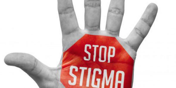 Stop Stigma - Red Sign Painted - Open Hand Raised, Isolated on White Background